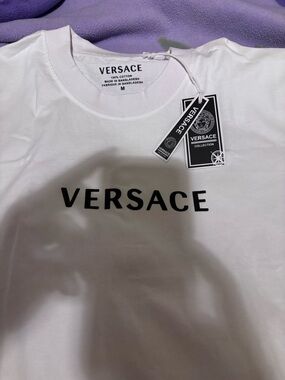 Versace White Tee with Black Logo Tag NWT